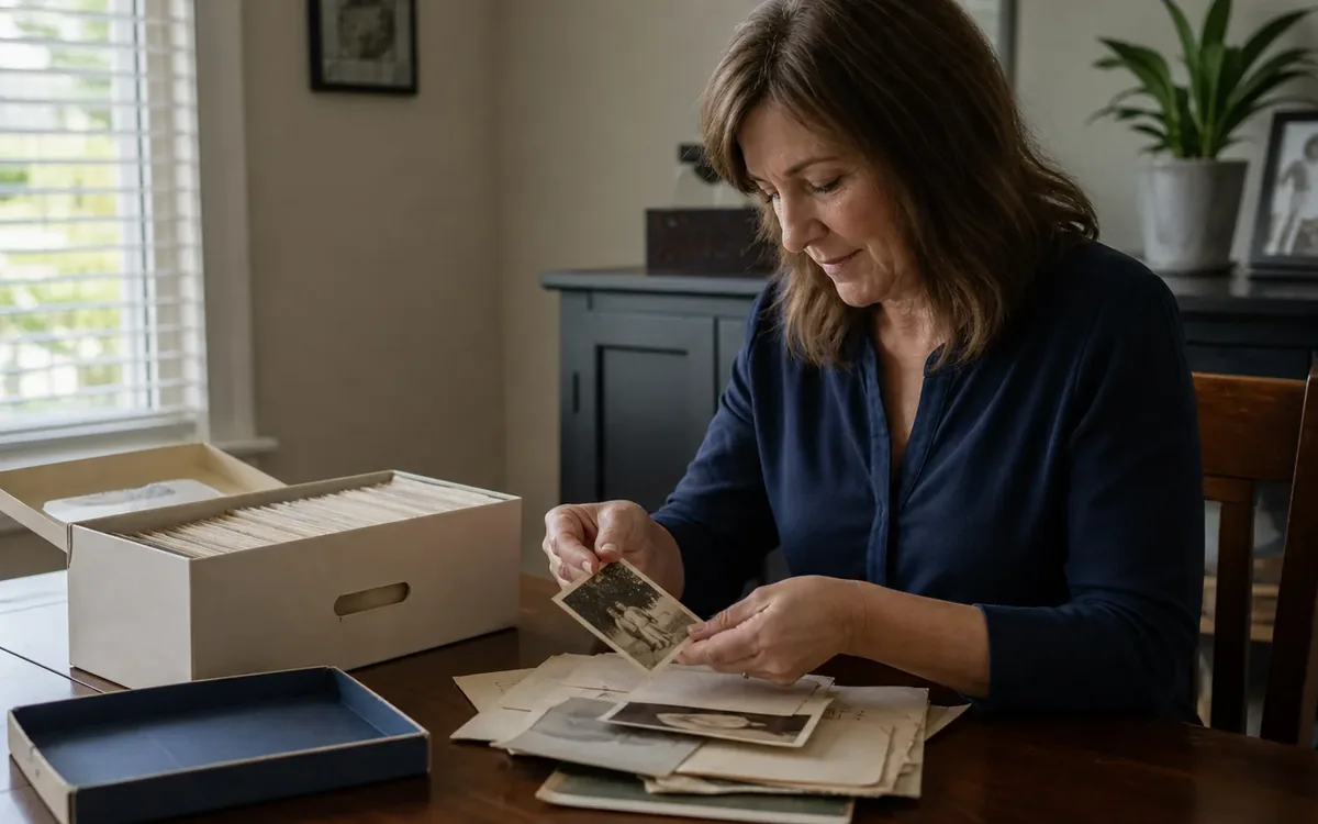A woman sorts old family photographs beside an archival storage box on a dining table.