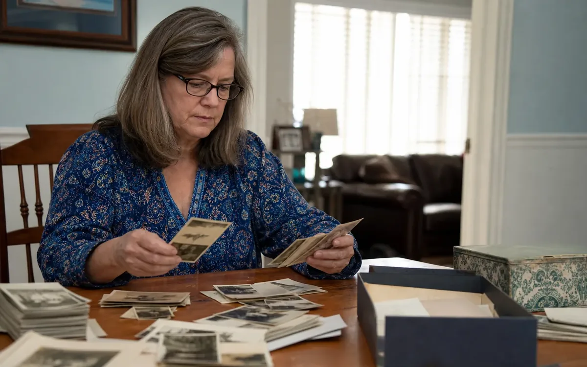Woman sorting stacks of old family photographs at a dining table beside open storage boxes.