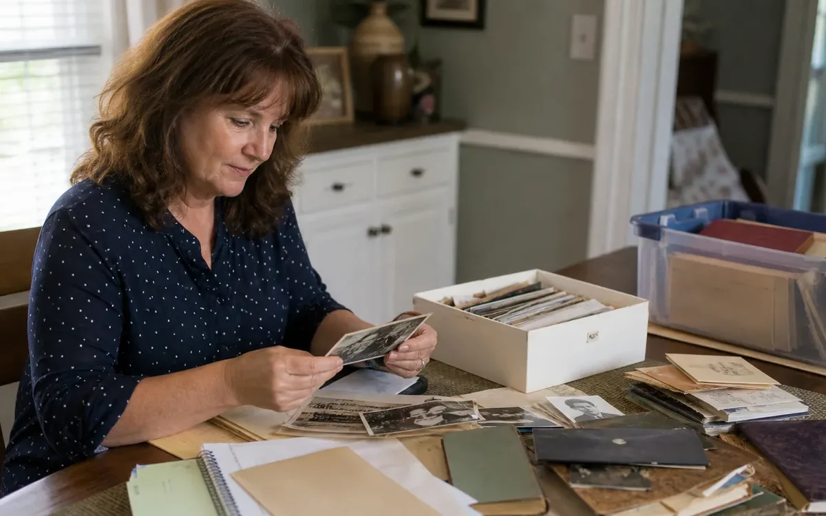 Woman sorting old family photographs, albums, and archival records into storage boxes at a dining table