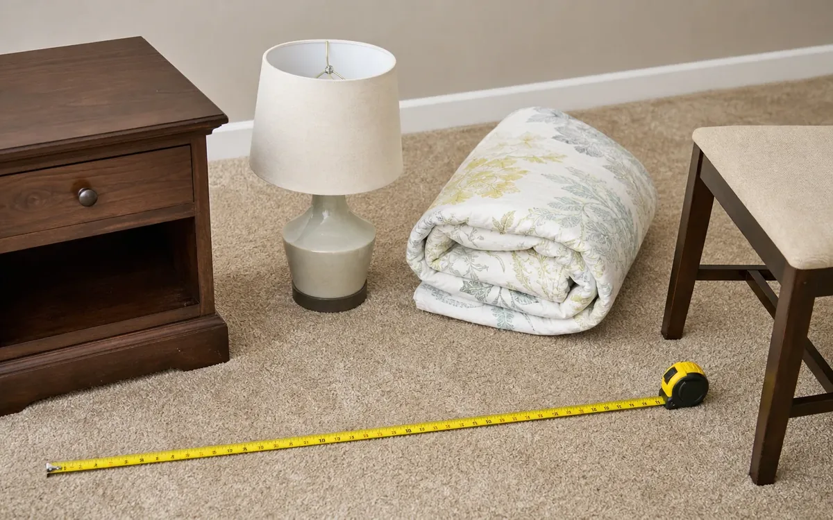 Tape measure stretched across carpet beside a nightstand, lamp, folded bedding, and chair during furniture planning.