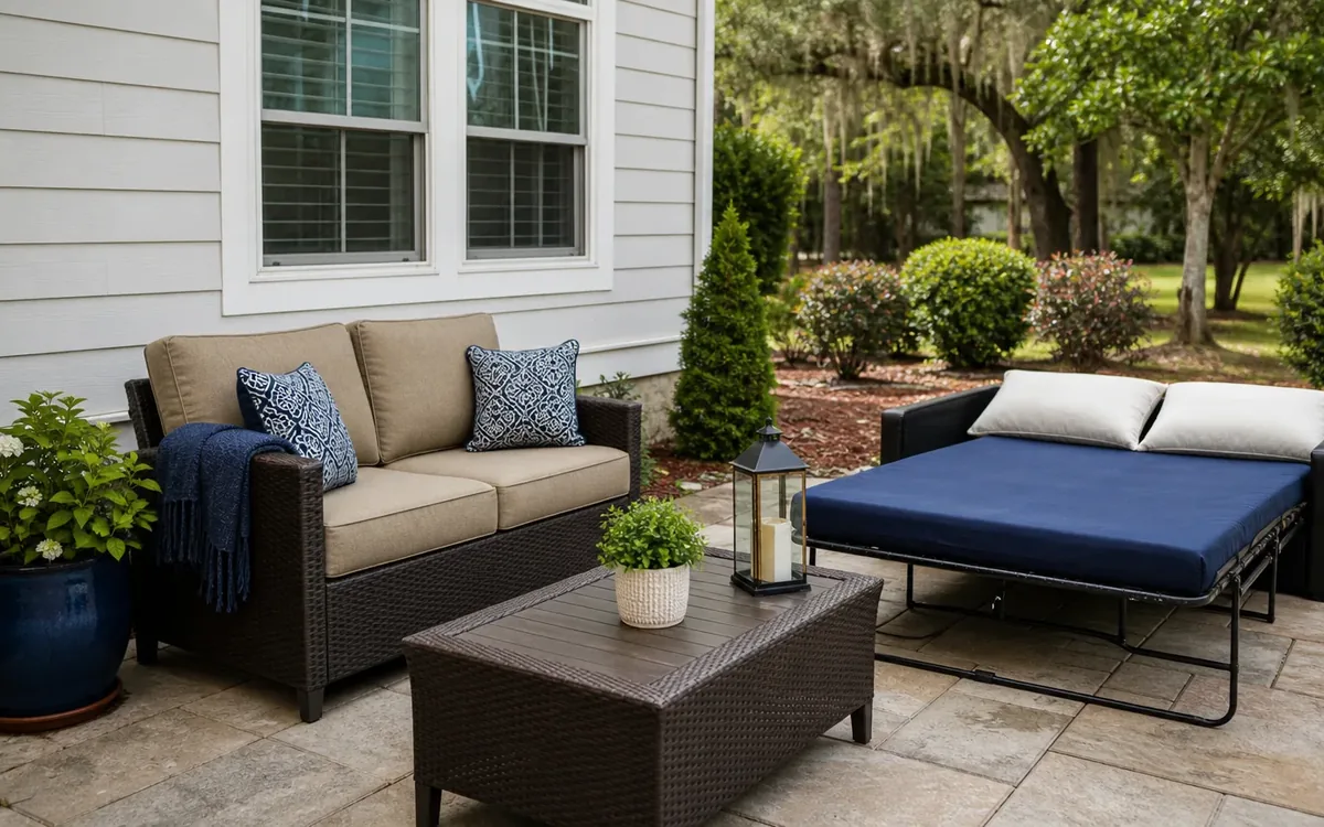 Patio seating includes a beige sofa and a navy sleeper sofa unfolded into a flexible outdoor bed.