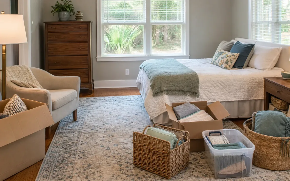 Guest room with a bed, dresser, chair, open boxes, baskets, and a clear bin arranged for sorting belongings.