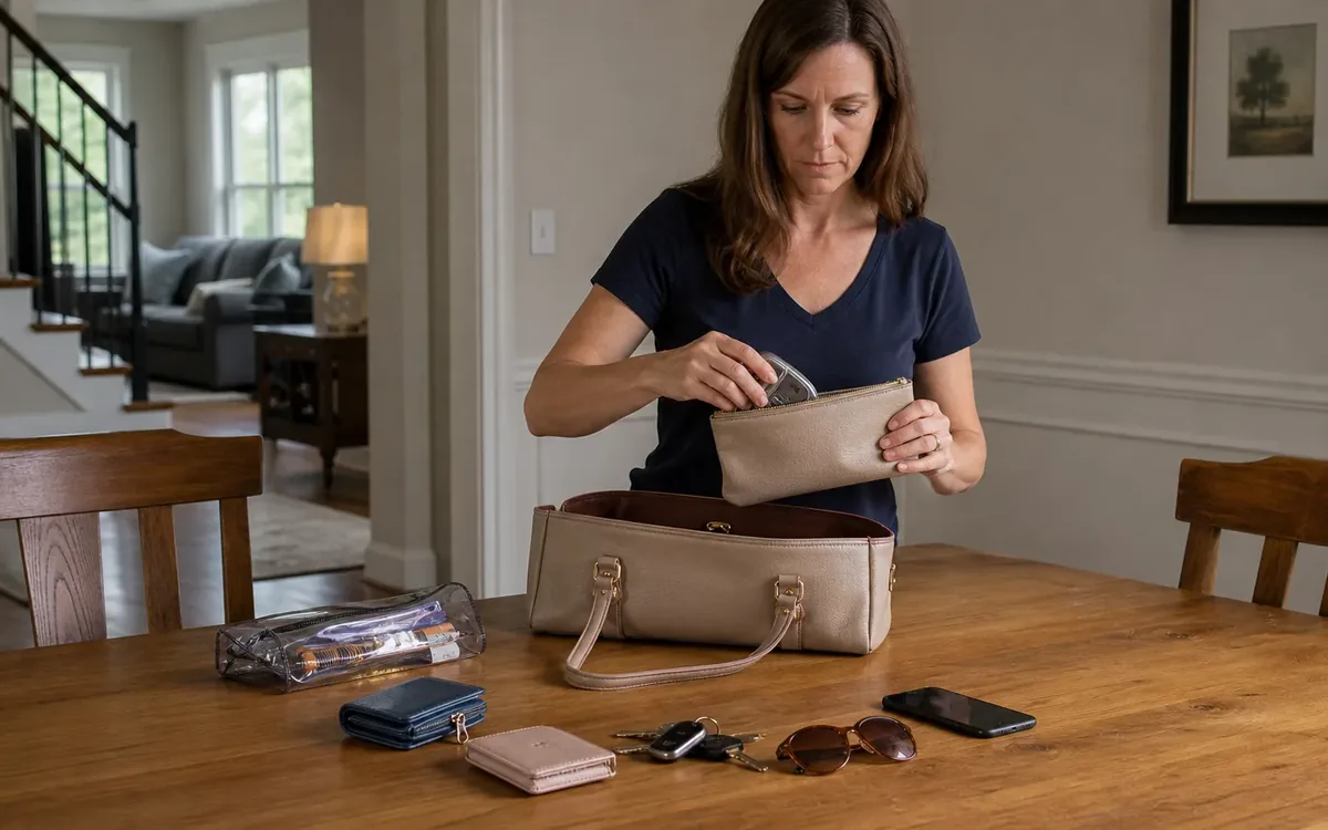 A woman checks a beige pouch above an open handbag, with wallets, keys, sunglasses and a phone spread across a wooden table.