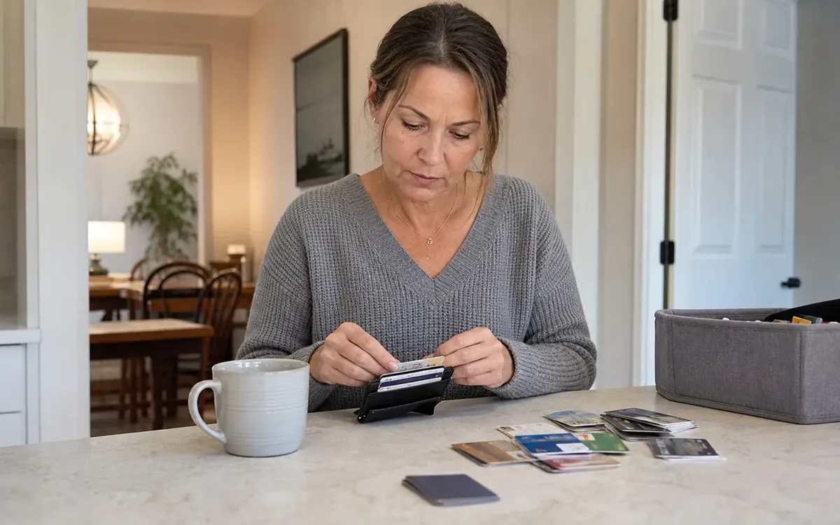 A woman sorts cards in a black wallet at a kitchen counter, with loose cards, a white mug, and a gray storage bin nearby.