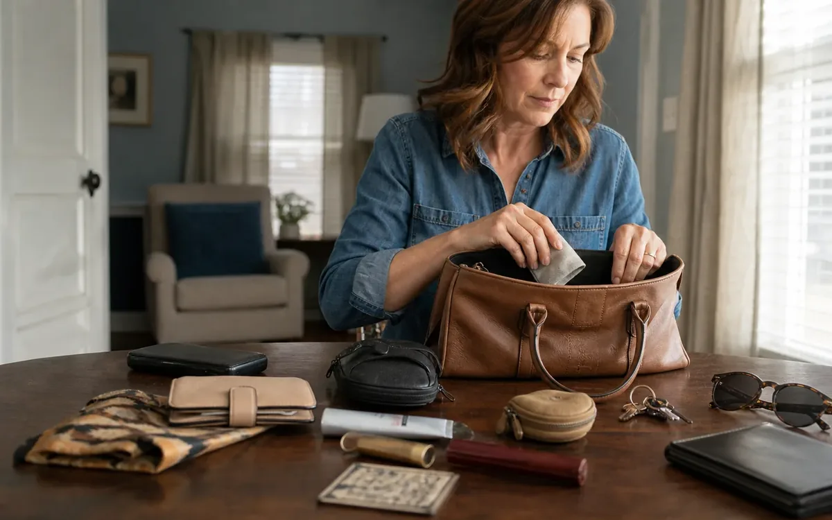 A woman sorts a brown handbag at a wooden table covered with wallets, small pouches, keys, sunglasses, and other personal items.