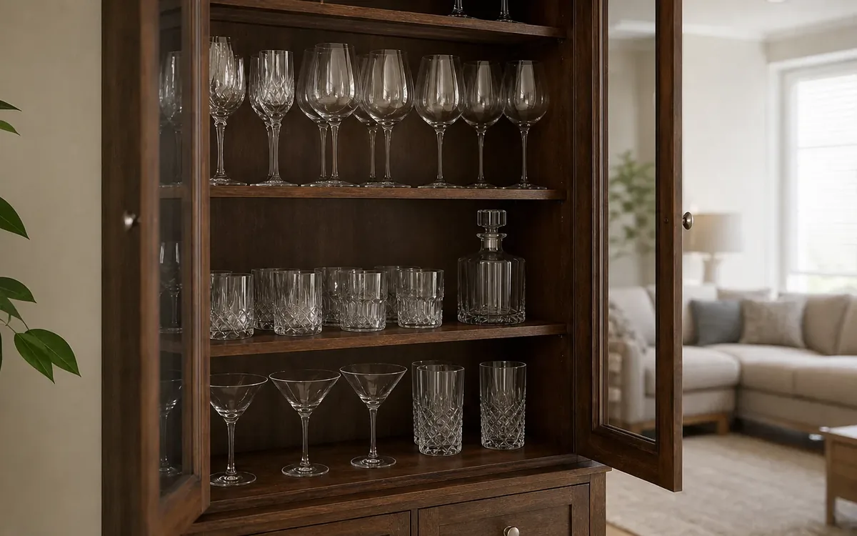 An open wooden glass-front cabinet holds wine glasses, martini glasses, crystal tumblers, tall glasses and a decanter.