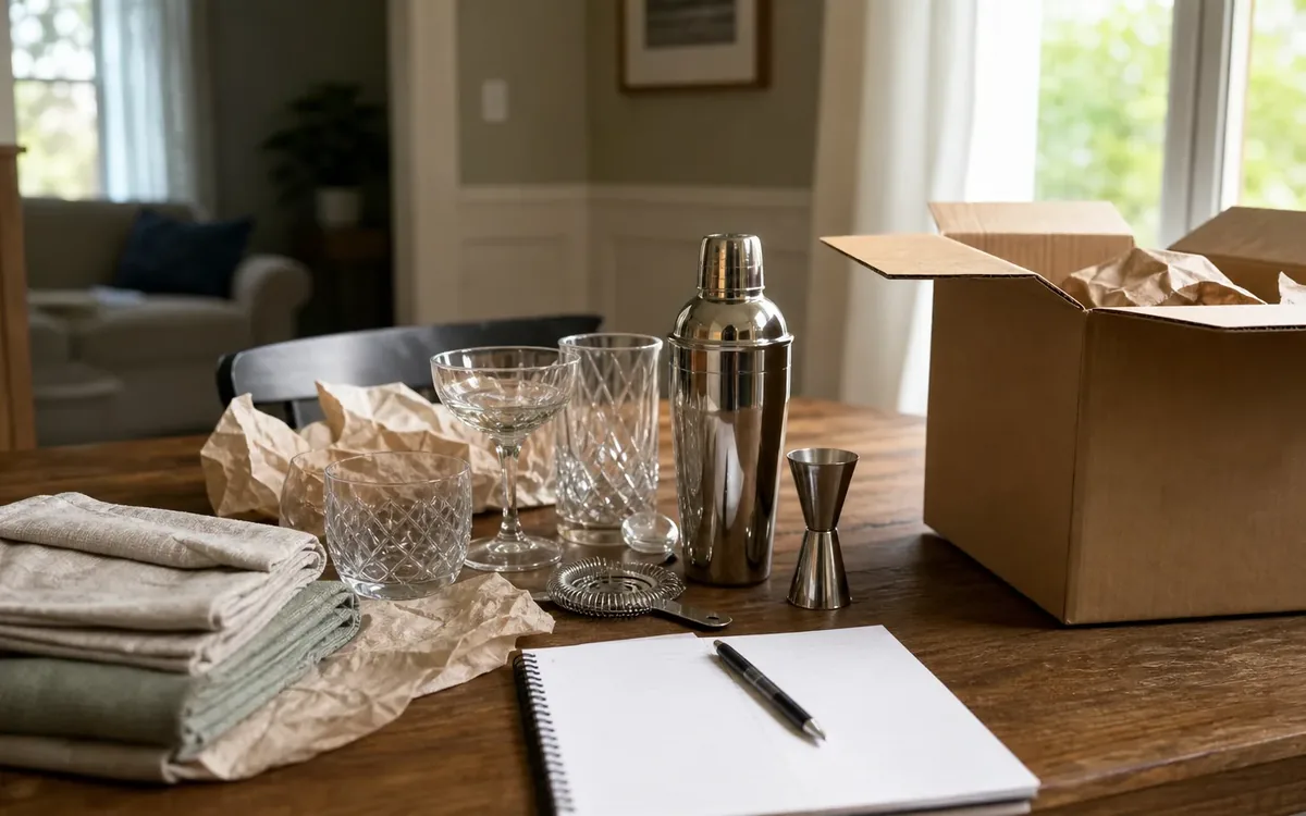 Cocktail glasses, a shaker, jigger and strainer sit beside a blank notebook, pen, folded linens and an open packing box.