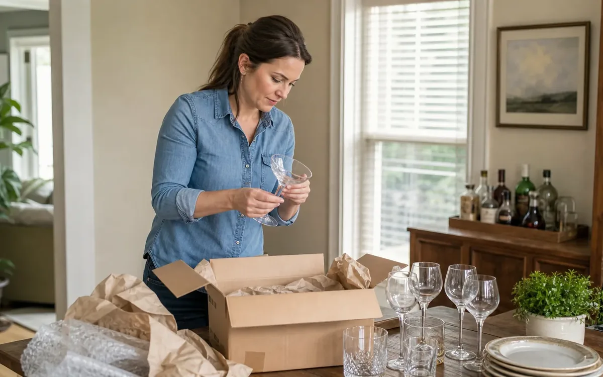 A woman holds a stemmed glass beside an open cardboard box, packing paper, and assorted glassware on a dining table.