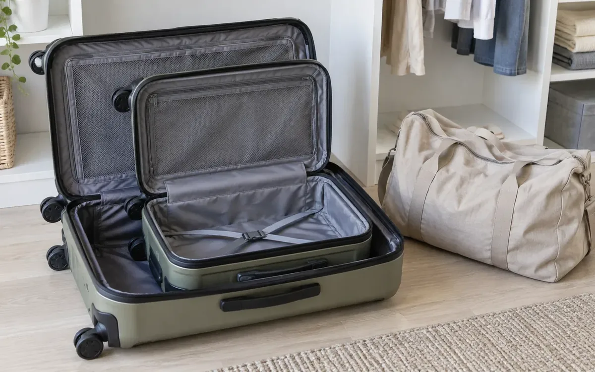 Two open hard-shell suitcases nested together beside a beige duffel bag on a light wood floor in front of an organized closet.