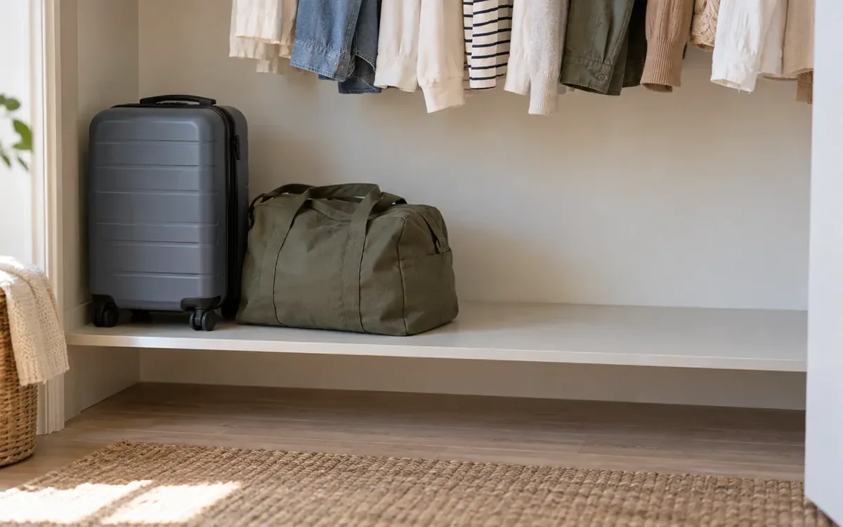 A gray wheeled suitcase and olive duffel bag sit on a white closet shelf beneath hanging clothes, with open space beside them.