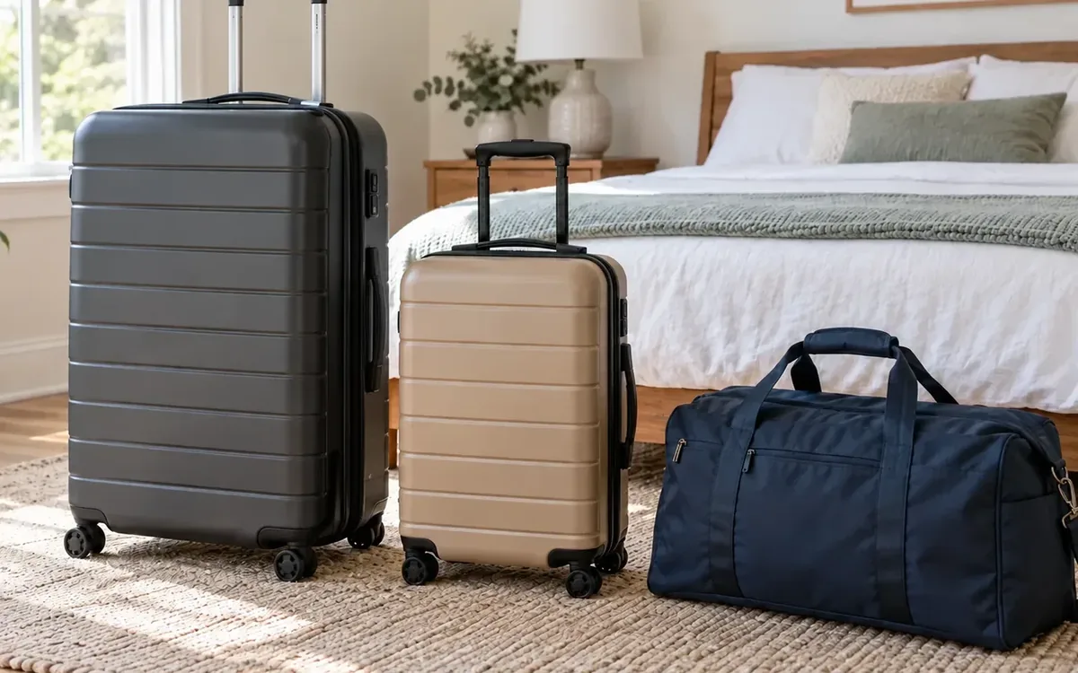 A large black suitcase, a smaller tan suitcase, and a navy duffel bag sit on a woven rug beside a bed.