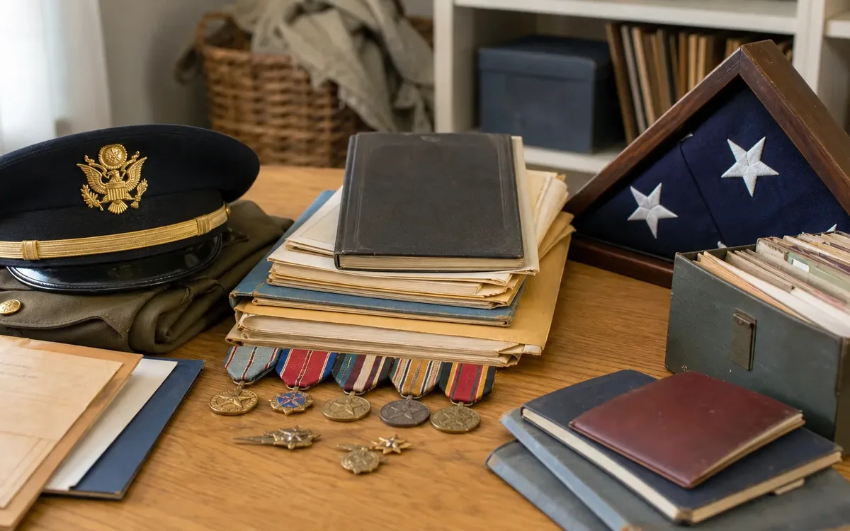 Military cap, medals, folded flag, document folders, notebooks, and a file box arranged on a wooden table.