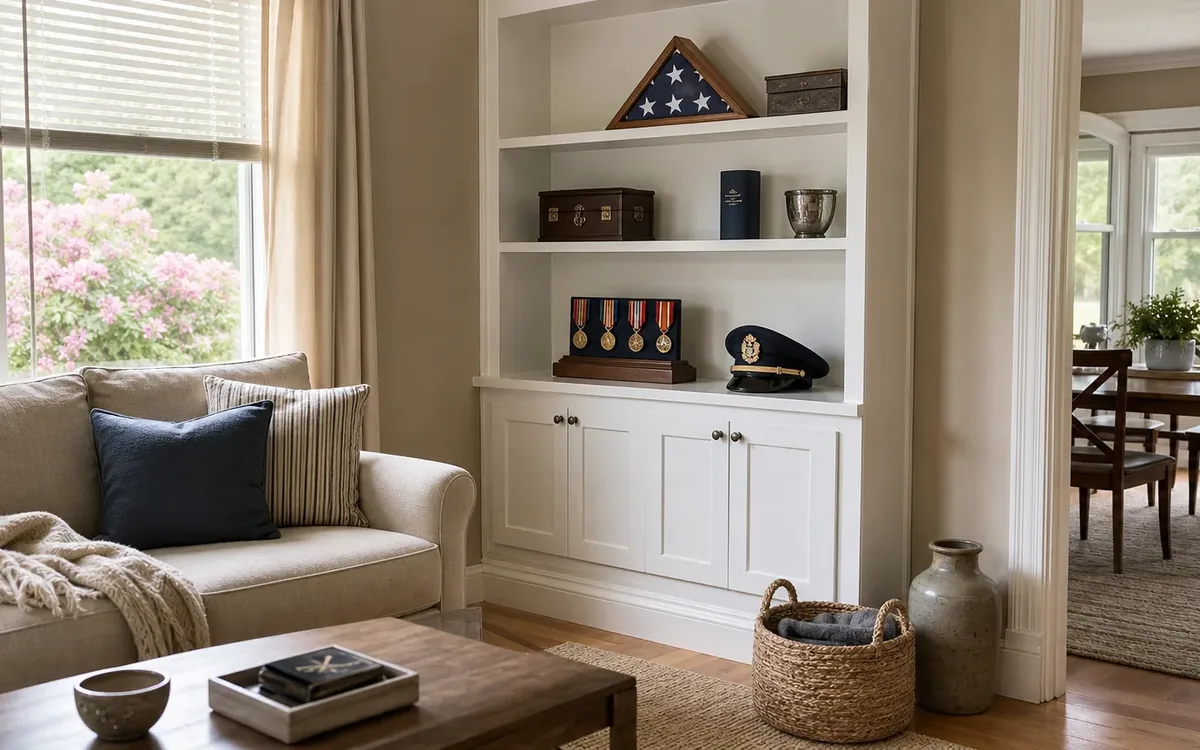 Built-in shelves display a folded flag, medals, military cap, trophy, and keepsake boxes in a compact living room.
