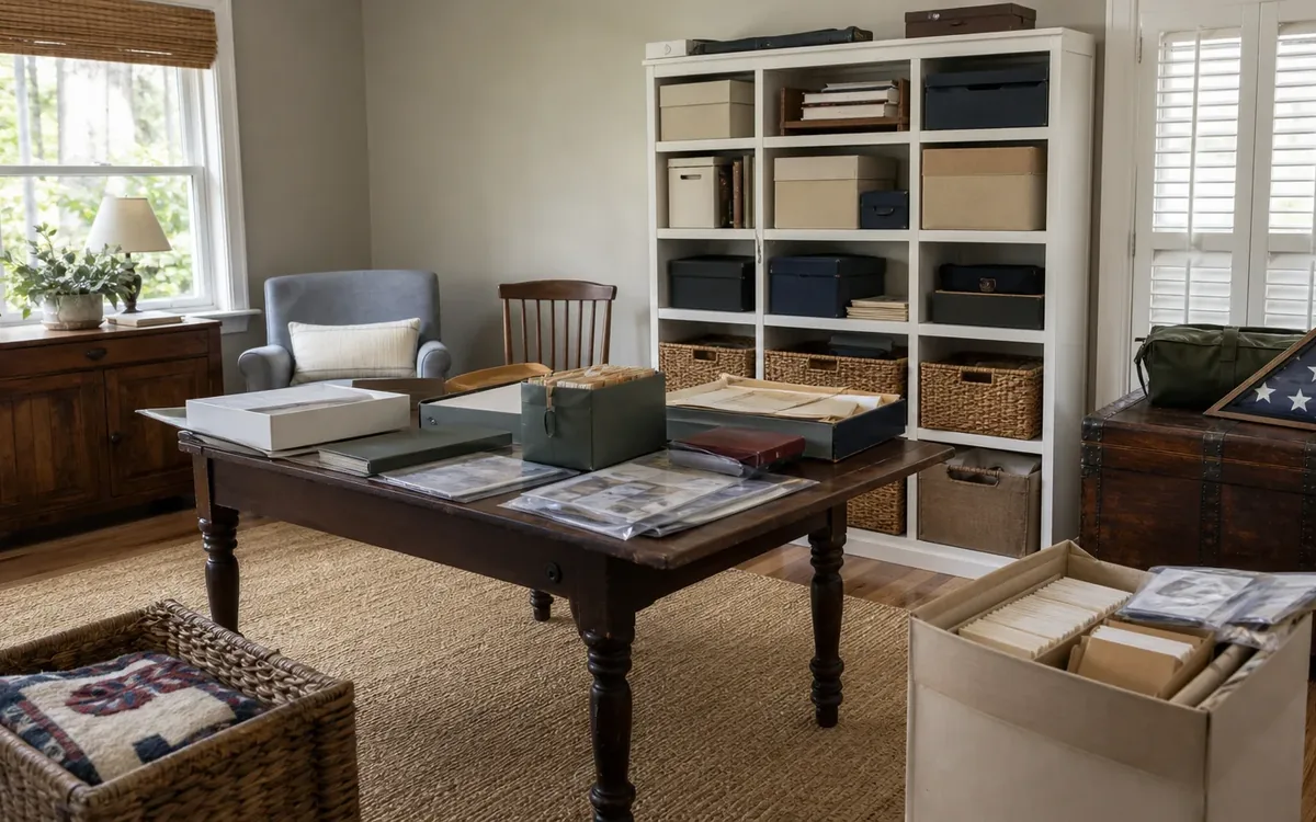 Home office table with archival boxes, albums, papers, woven storage baskets, and a folded American flag in a case.