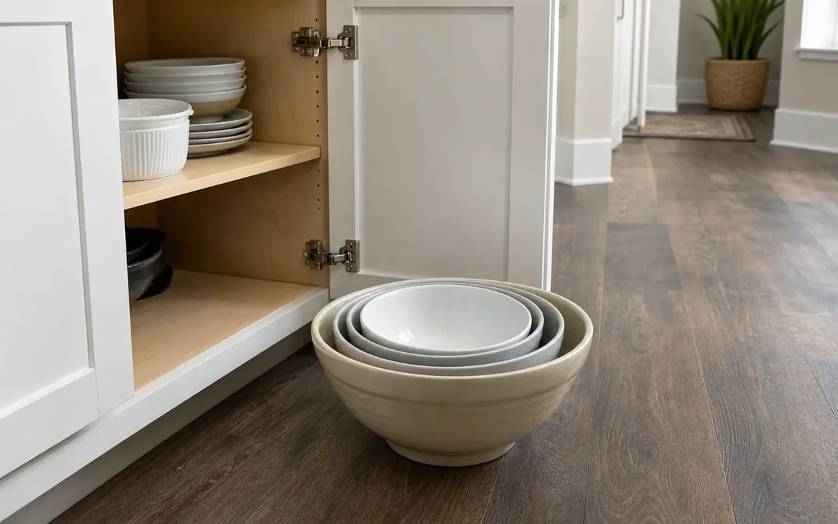 White and gray mixing bowls nest inside a large beige bowl on a wood floor beside an open cabinet holding stacked dishes.