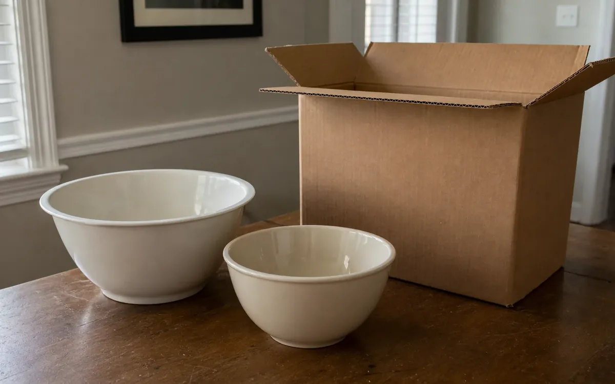 Two white mixing bowls of different sizes sit on a wooden table beside a large, open cardboard moving box.