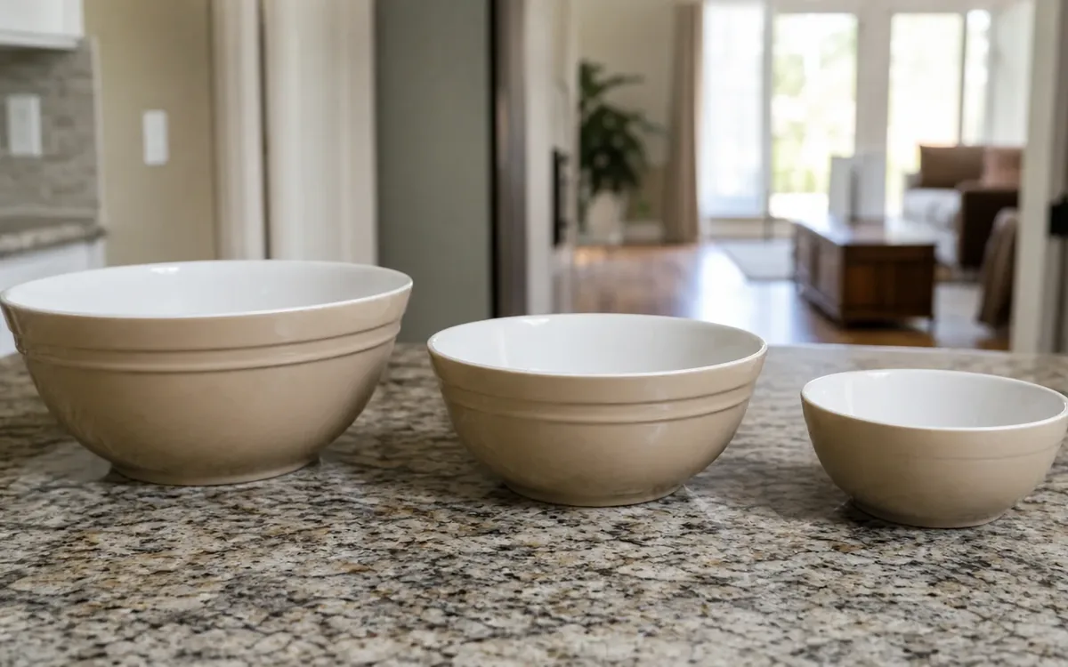 Three beige mixing bowls with white interiors sit from largest to smallest on a speckled granite kitchen countertop.