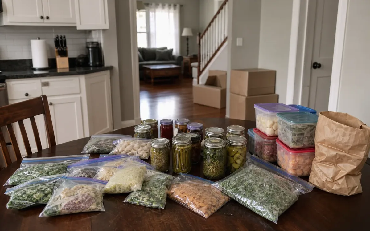 Bags, jars, and containers of stored food cover a dining table, with moving boxes stacked in the background.