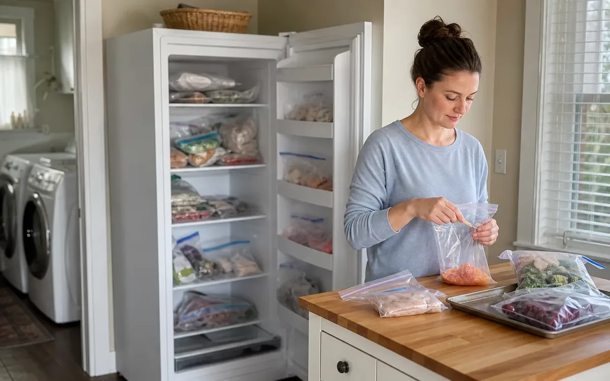 Woman portions food into freezer bags beside an open upright freezer filled with organized frozen items.
