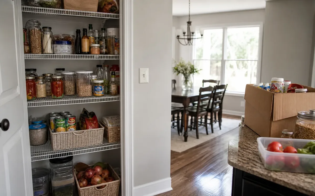 Open pantry with jars, cans, baskets and produce beside a cardboard box of food ready for sorting before a move.