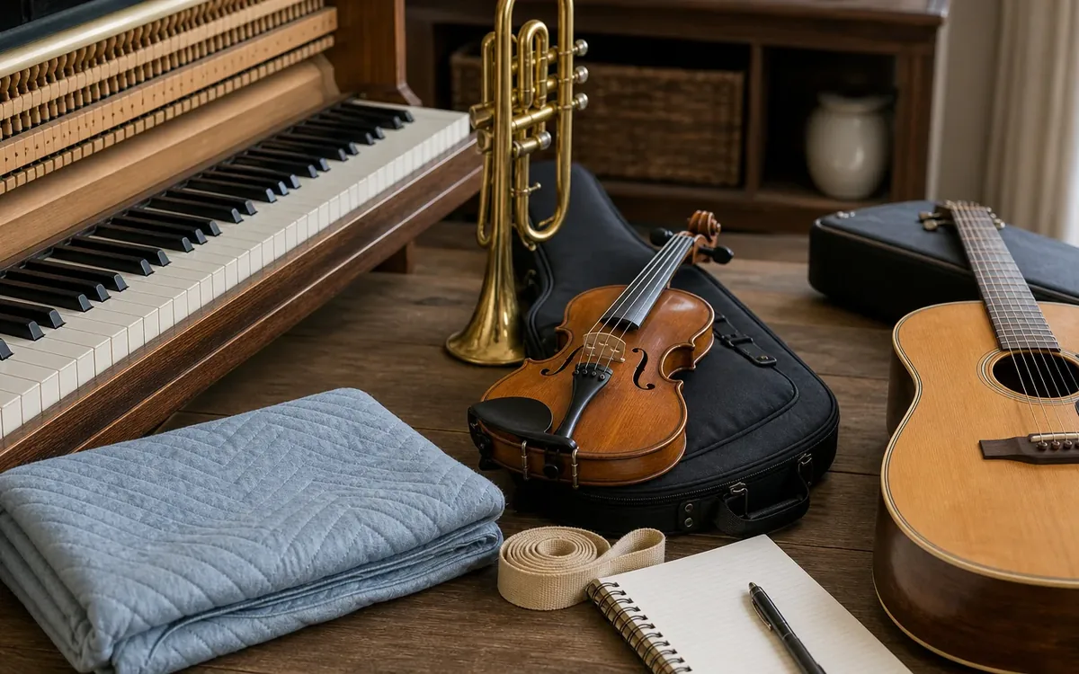 Piano, trumpet, violin, guitar, cases, moving blanket, tape, and notebook arranged for downsizing decisions.