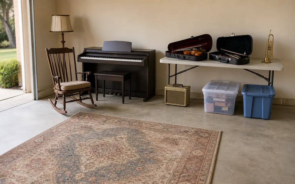 Garage with a digital piano, rocking chair, open violin cases, trumpet, amplifier, and storage bins.