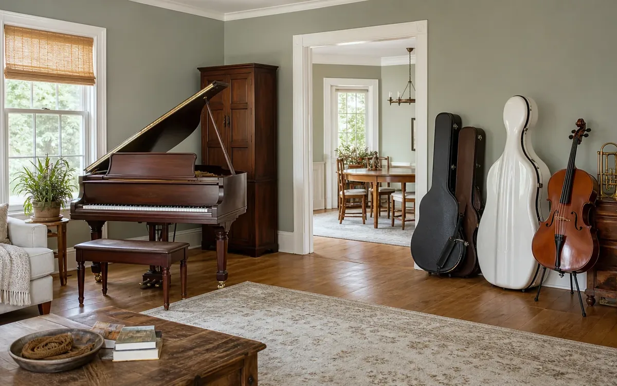 Living room with a grand piano, bench, cello, brass instrument, and several hard instrument cases.