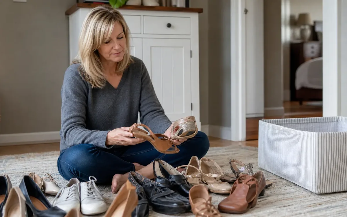 A woman sits cross-legged on a rug, examining sandals amid assorted shoes beside an empty striped storage bin.
