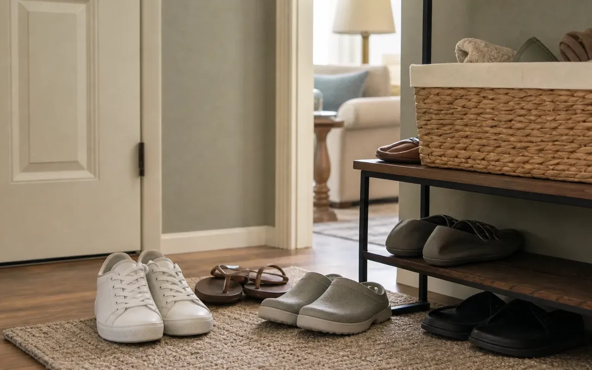 White sneakers, brown sandals, and gray slip-on shoes sit on an entryway rug beside a shoe rack topped with a woven basket.