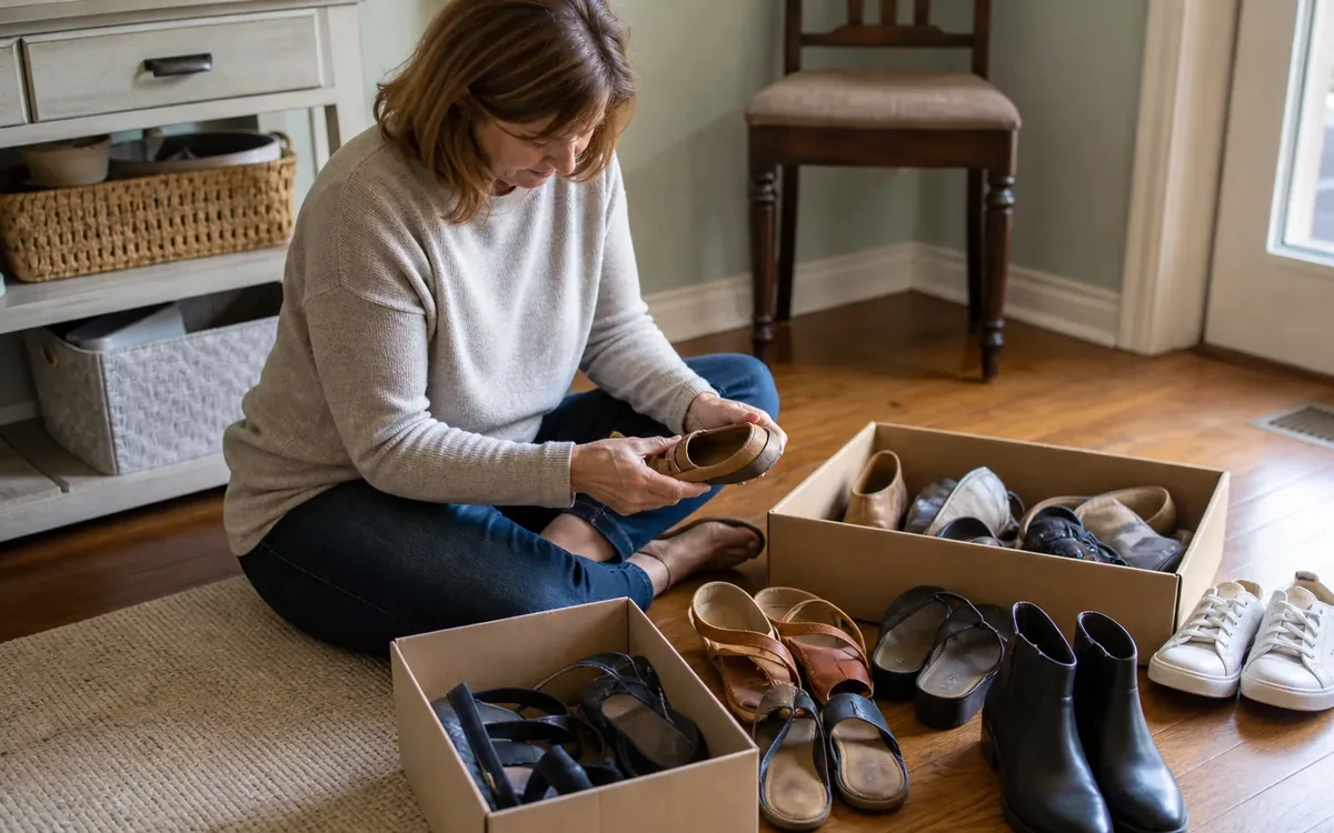 A woman sits on a rug examining a shoe, surrounded by boxes of footwear, sandals, black ankle boots, and white sneakers.