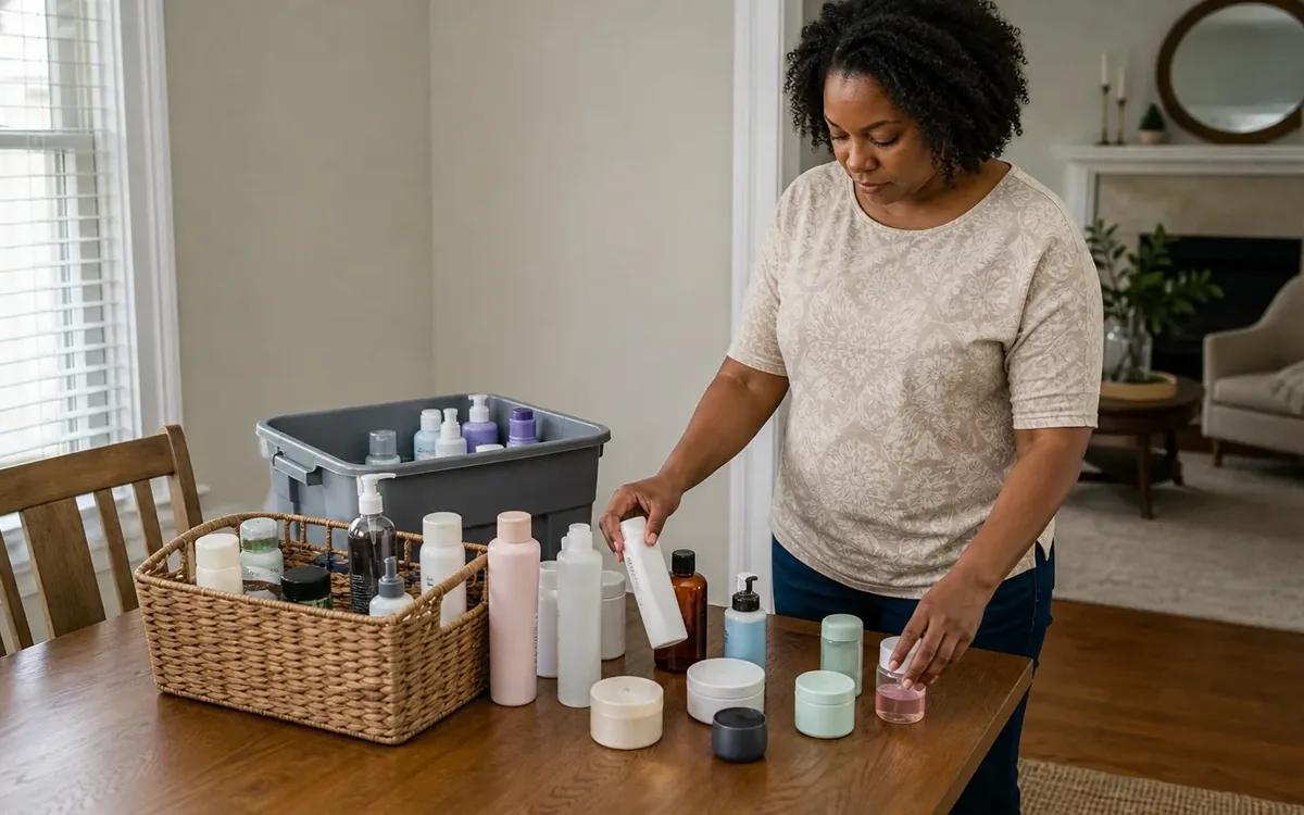 A woman sorts toiletries on a wooden table beside a wicker basket and a gray bin filled with personal care bottles.