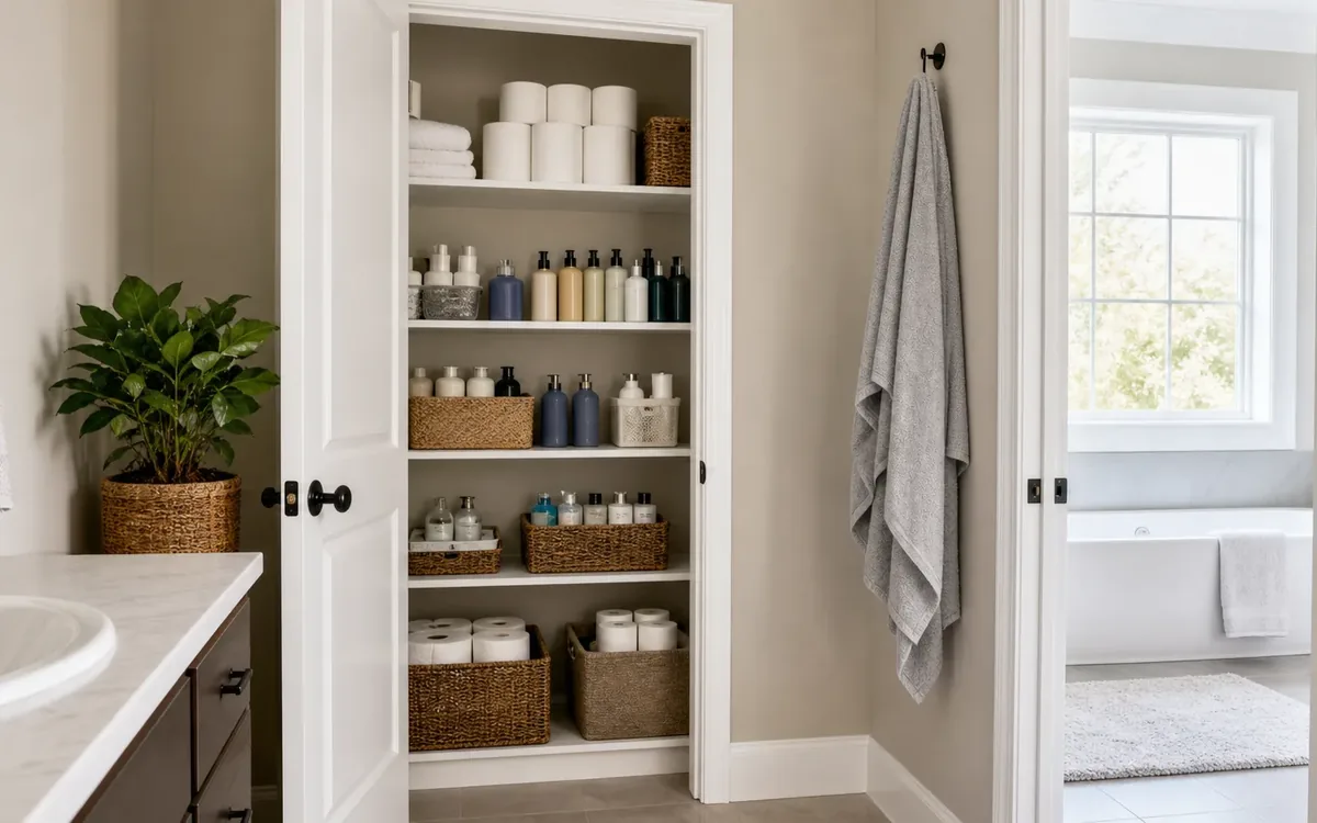 An open bathroom storage cabinet holds toiletry bottles, folded towels, and toilet paper arranged on shelves and in baskets.