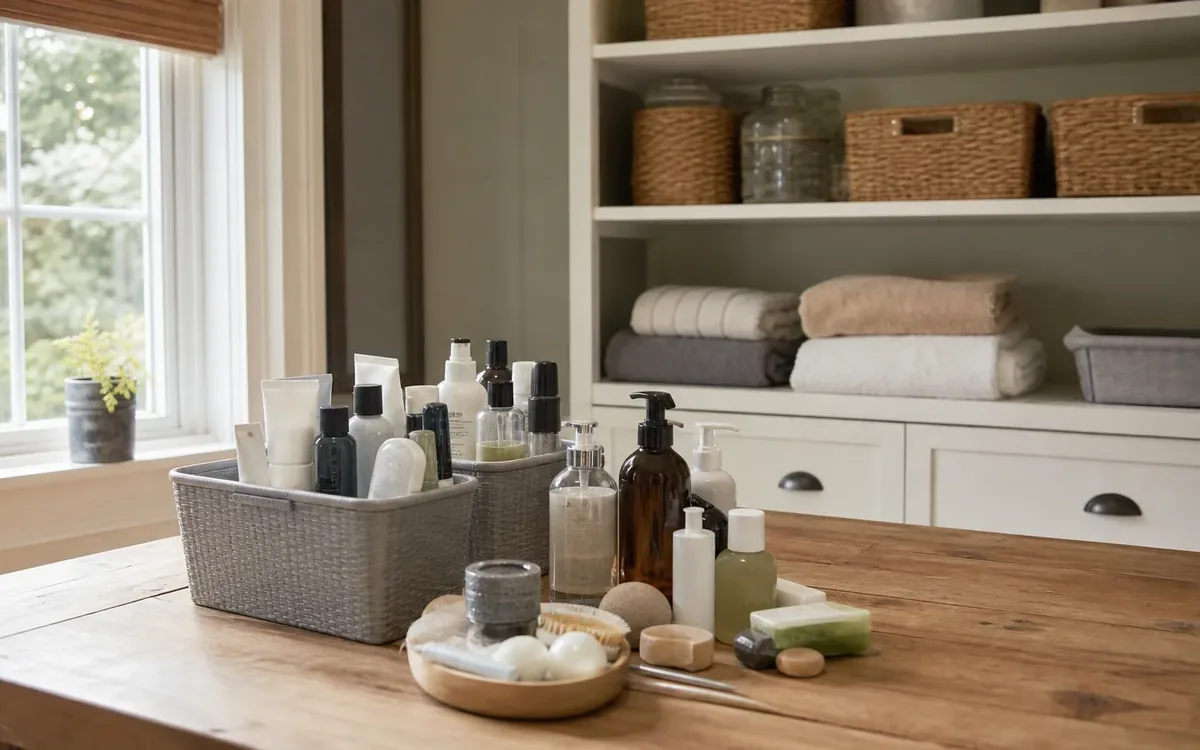 Toiletry bottles in woven baskets, pump dispensers, soaps and brushes on a wooden table beside shelves of towels and baskets.