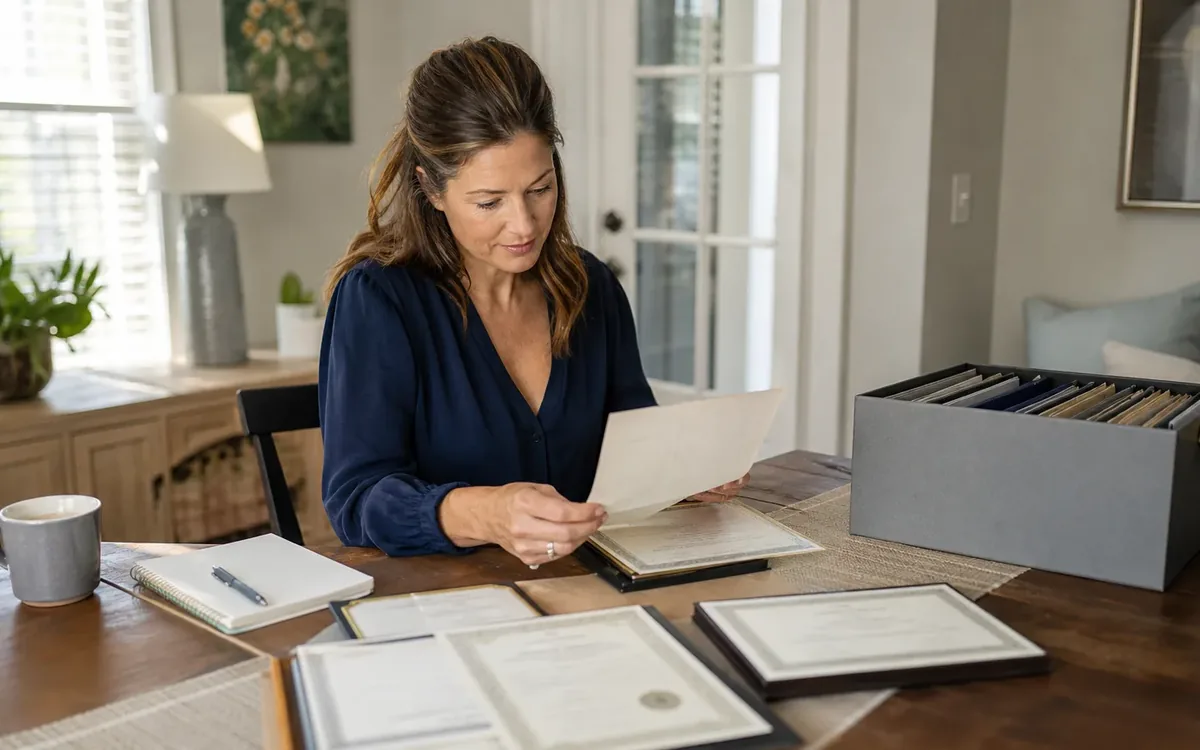 A woman reviews a certificate at a wooden table with framed awards, a notebook, and a box of hanging folders.