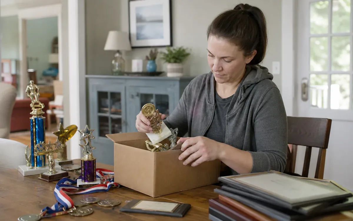 A woman packs trophies into a cardboard box beside medals, more trophies, and stacked framed certificates on a wooden table.