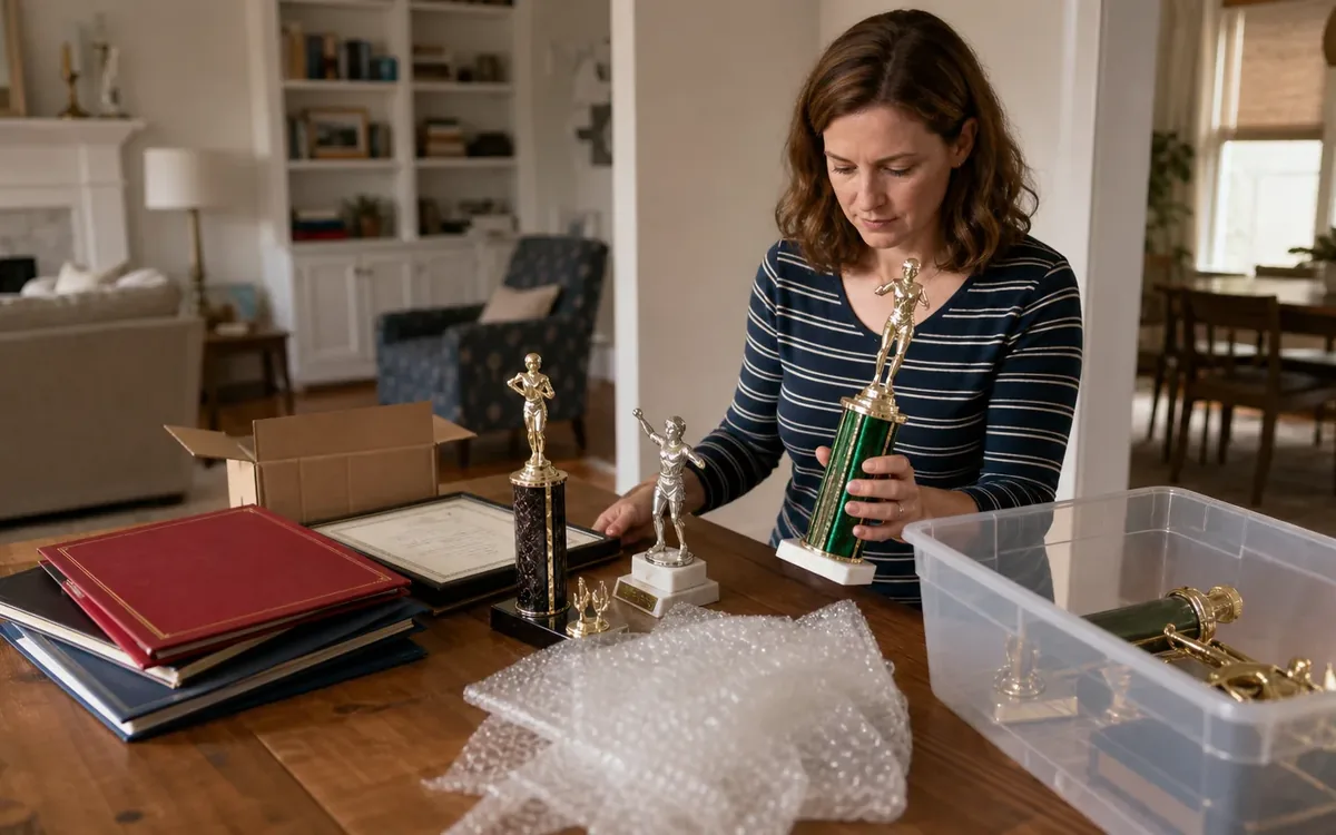 A woman sorts trophies at a wooden table with a framed certificate, stacked albums, bubble wrap, and a clear storage bin.