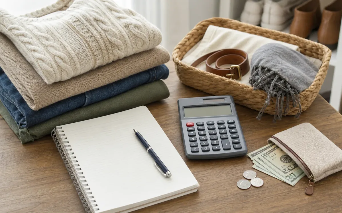 Folded clothes, a basket, notebook, calculator, cash, coins, and wallet arranged on a wooden table.