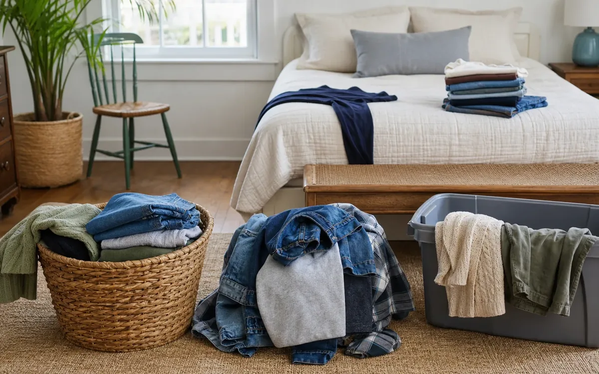 Worn jeans and shirts are draped over a basket, hamper, and bin beside a bed with neatly folded clothes.