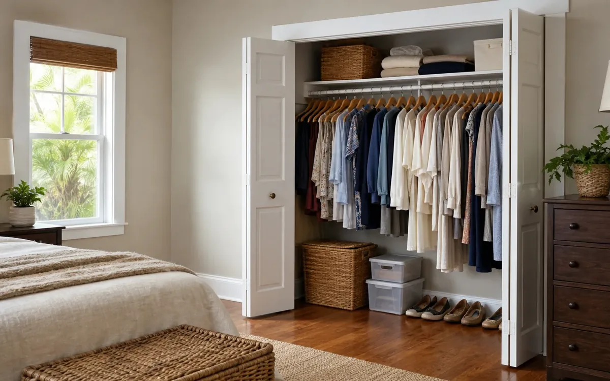 Open bedroom closet with neatly spaced clothes, storage baskets, folded linens, bins, and shoes.