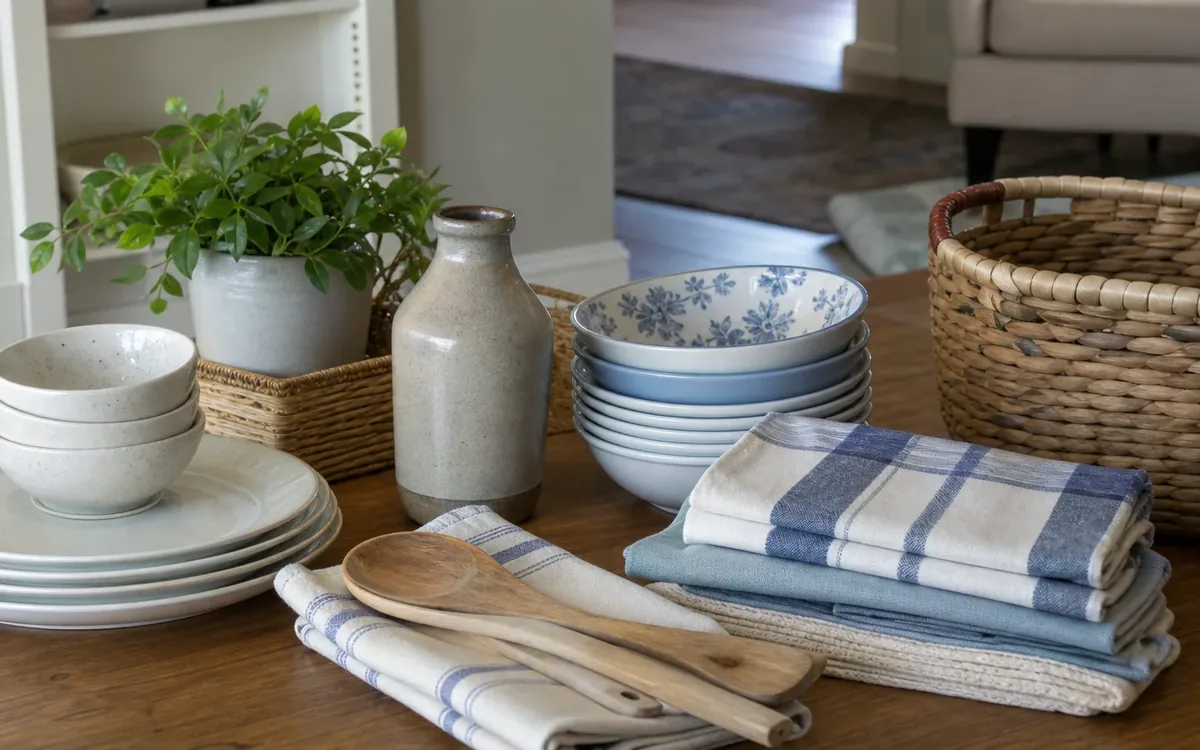Coordinated dishes, linens, wooden utensils, baskets, and a plant arranged on a table in a shared home.