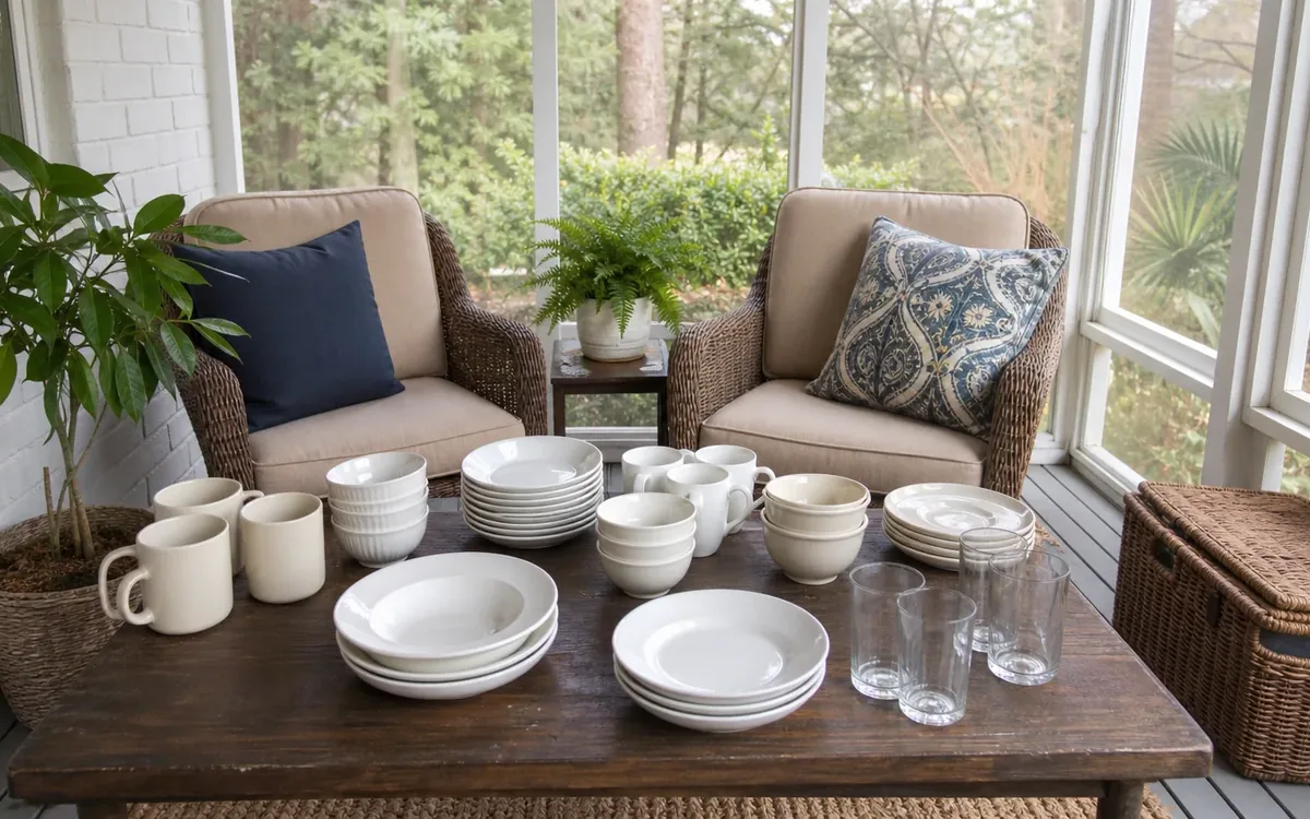 Mugs, bowls, plates, glasses, and storage jars grouped on a table for comparing duplicate household goods.