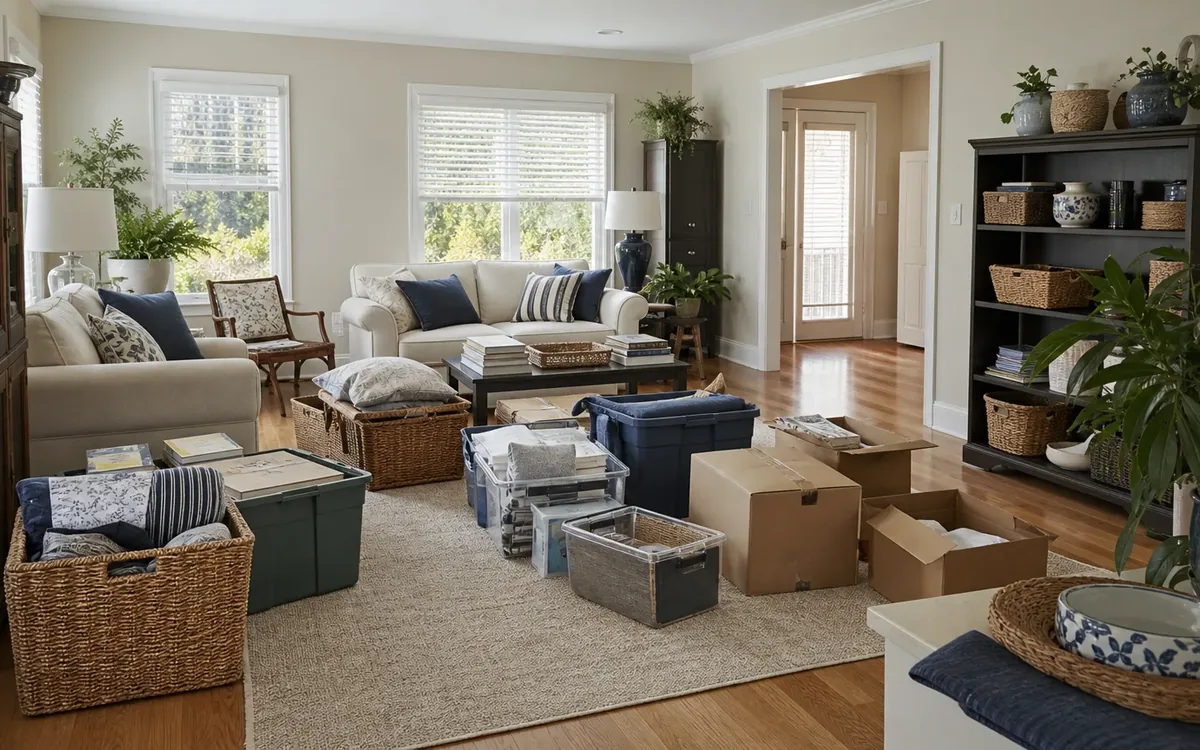 Living room filled with open boxes, storage bins, baskets, and stacked household items ready for sorting.