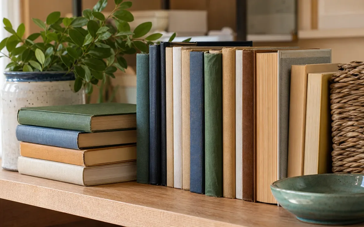 Books stand upright and lie stacked on a wooden shelf beside a leafy potted plant, a woven basket, and a green ceramic bowl.