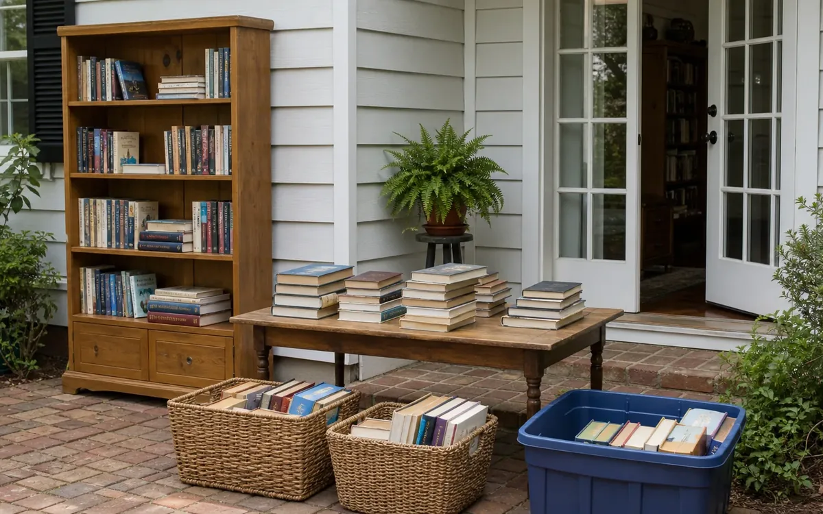 Books fill a wooden bookcase, stacks on a low table, two wicker baskets, and a blue plastic bin on a brick patio.