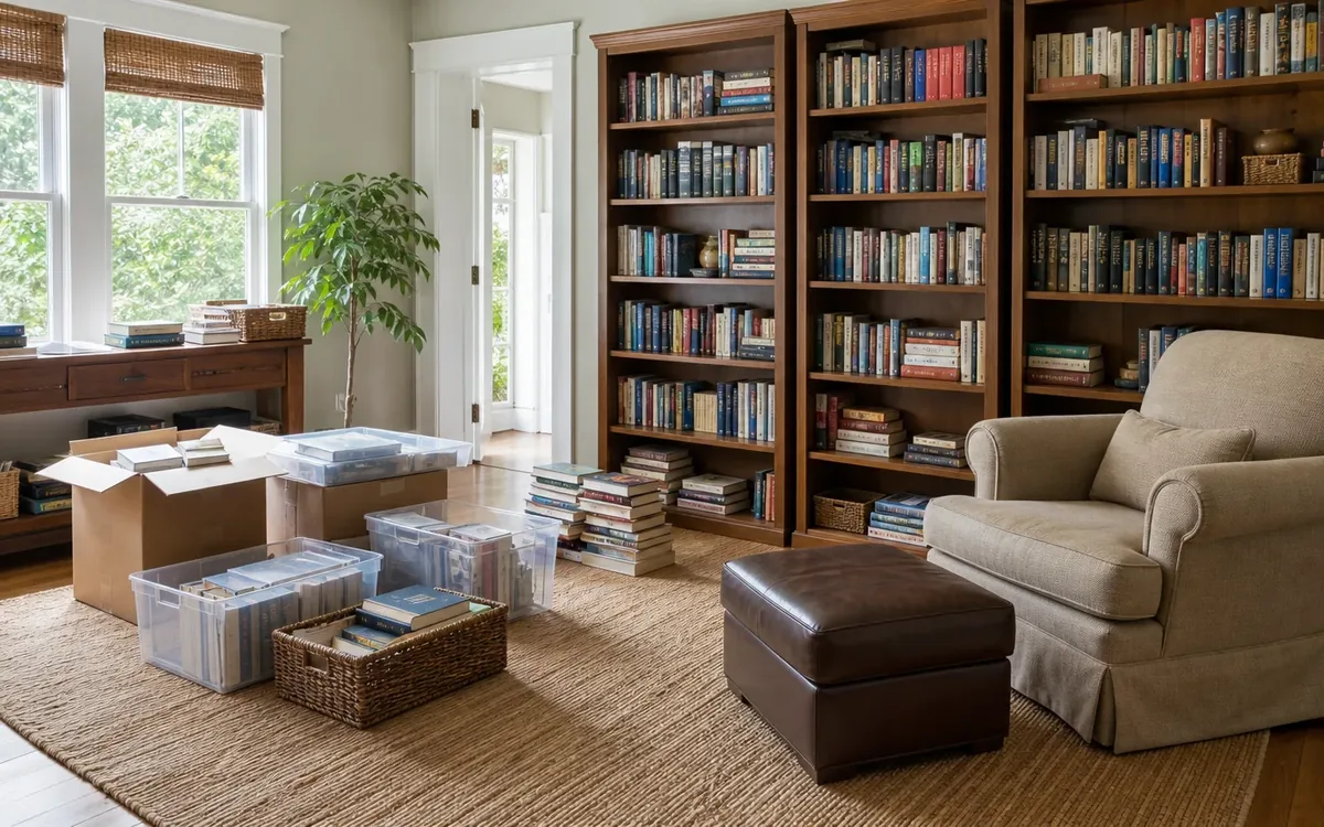 Book-filled wooden shelves, stacked books, cardboard boxes and clear storage bins beside a beige armchair and brown ottoman.