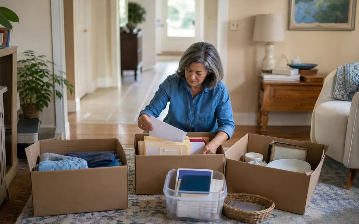 Labeled household belongings and a clear room path for 4. protect records before sorting household contents