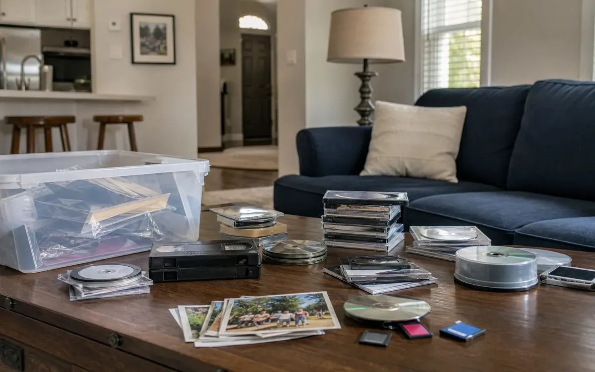 Plastic bin, family prints, VHS tape, CDs, memory cards, and a phone arranged on a living room table.