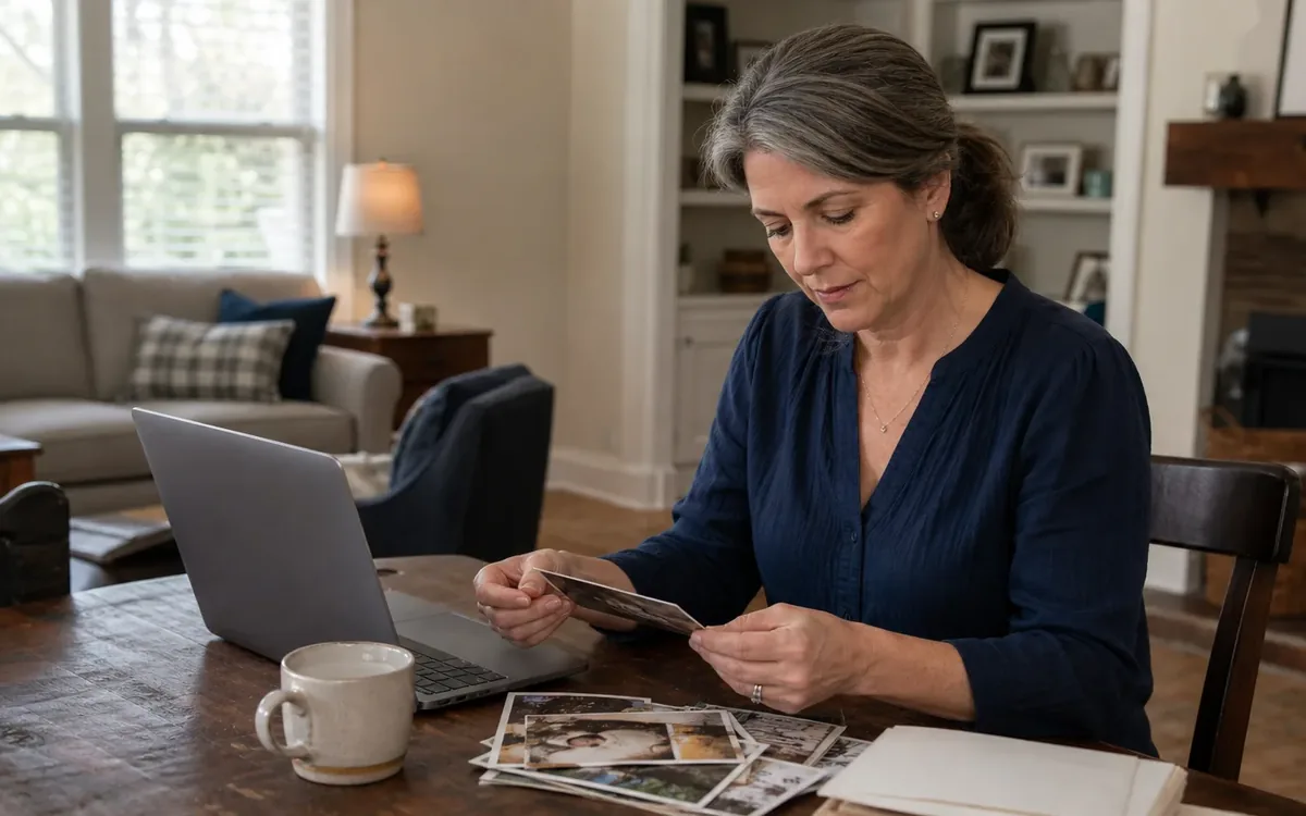 Woman compares printed family photographs beside an open laptop while organizing a personal archive at home.