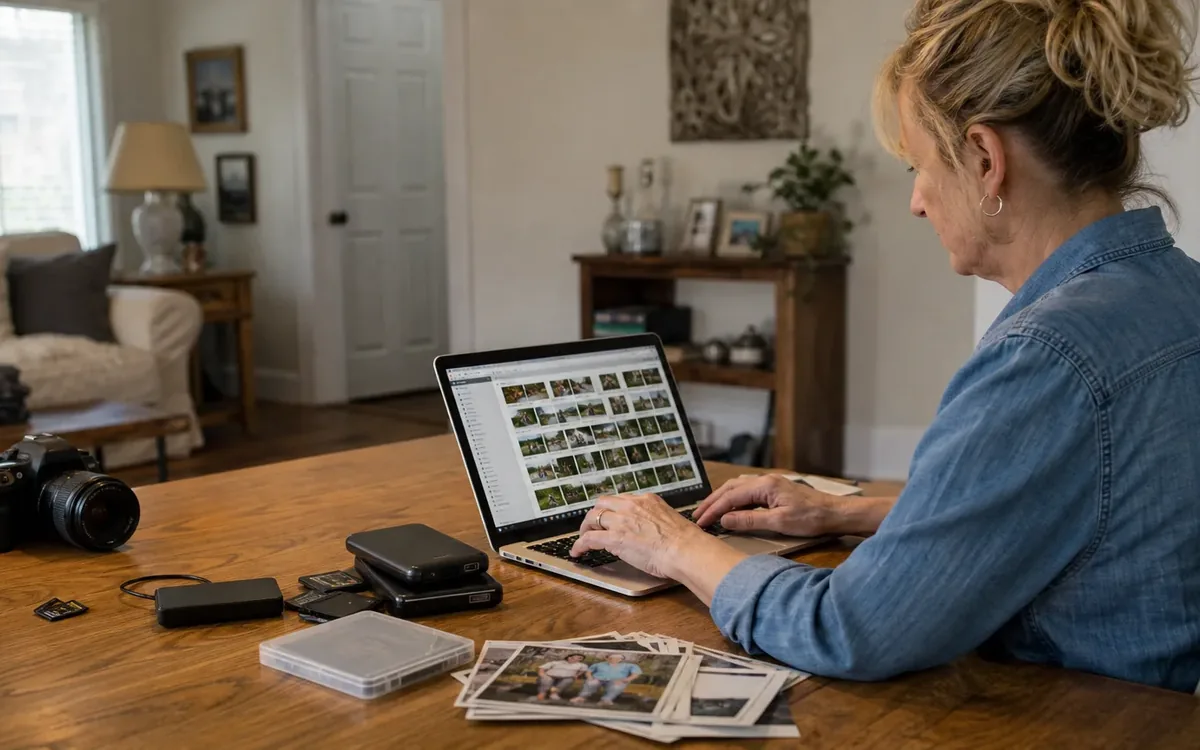Woman organizes digital photos on a laptop beside a camera, memory cards, external drives, and family prints.