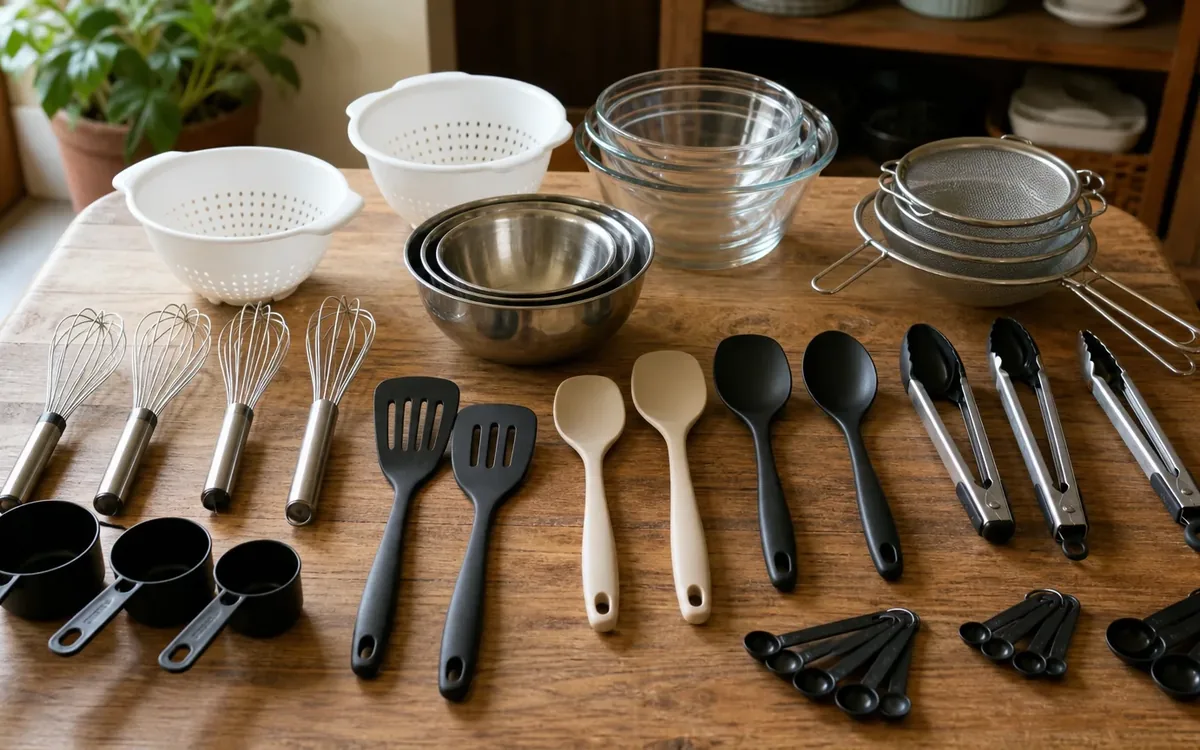 Repeated kitchen tools arranged on a wooden table, including whisks, spatulas, spoons, tongs, measuring cups, bowls, and strainers.